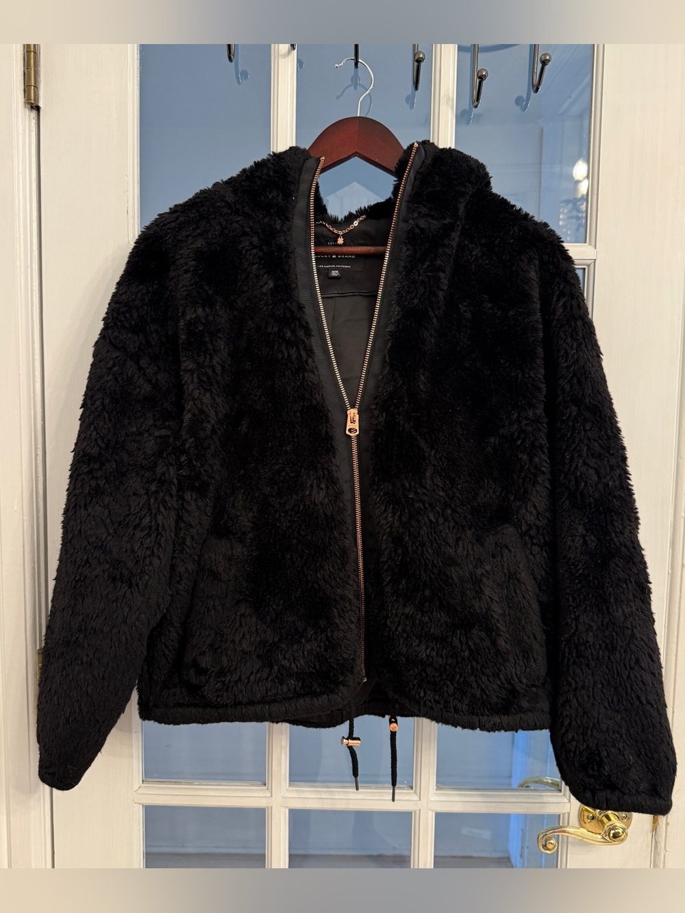 LUCKY BRAND Women’s Black Faux Fur Sherpa Hooded Zip Jacket Rose Gold M